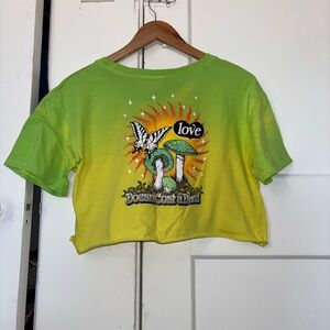 Empyre Lime Green Crop Top with Butterfly and Mushroom Graphic